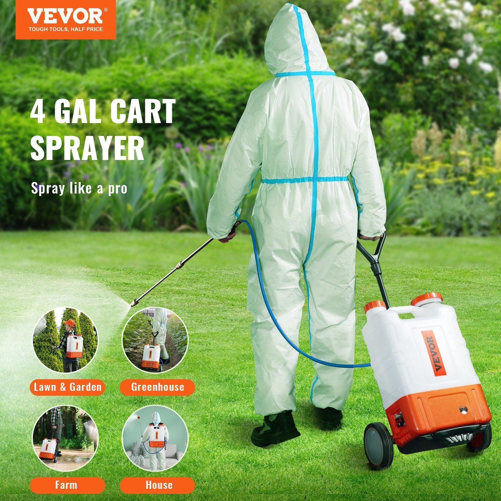 VEVOR Battery Powered Backpack Sprayer with Cart, 0-94 PSI Adjustable Pressure, 4 Gallon Tank on Wheels, with 8 Nozzles and 2 Wands, 12V 7.2Ah Battery, Wide Mouth Lid for Weeding, Spraying, Cleaning - JM Variety Store
